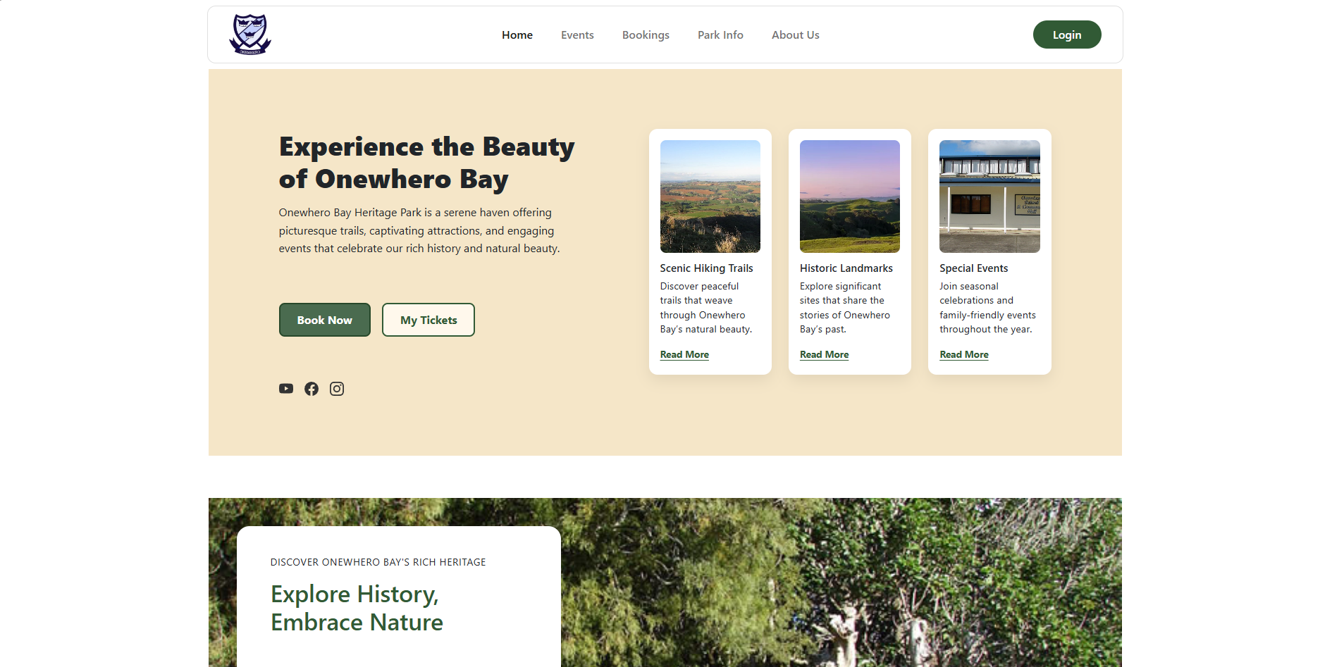 Onewhero Bay visitor management dashboard showing park booking interface and stakeholder admin views