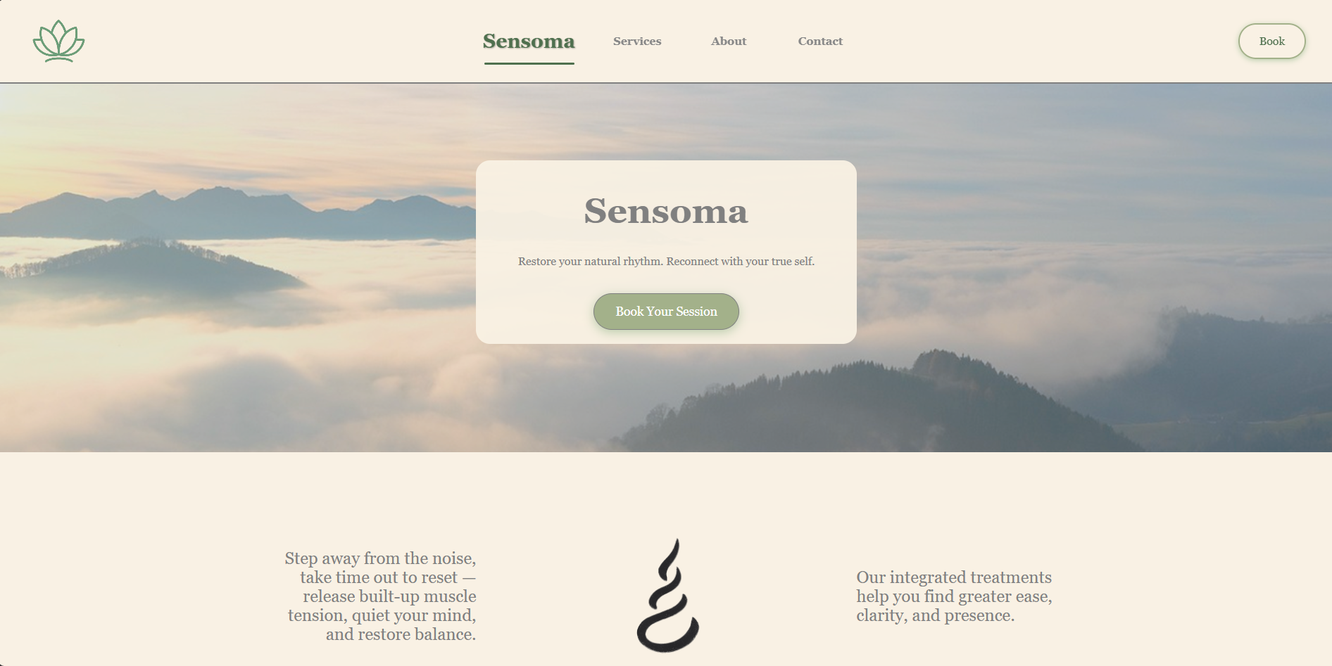 Sensoma massage practice website showing minimal calm layout with soft tones and navigation to services and booking